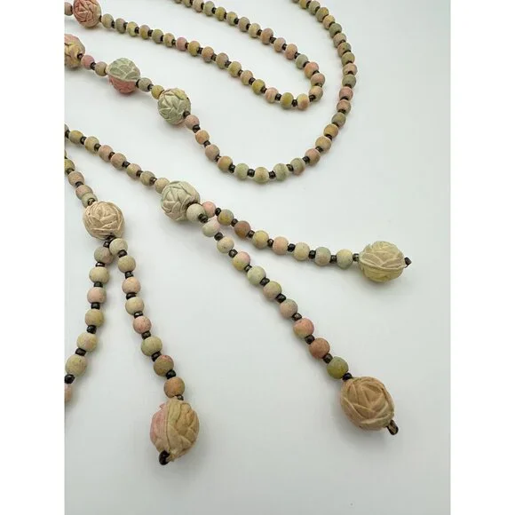 Antique Art Deco real pressed rose petals pink beaded sautoir tassel necklace